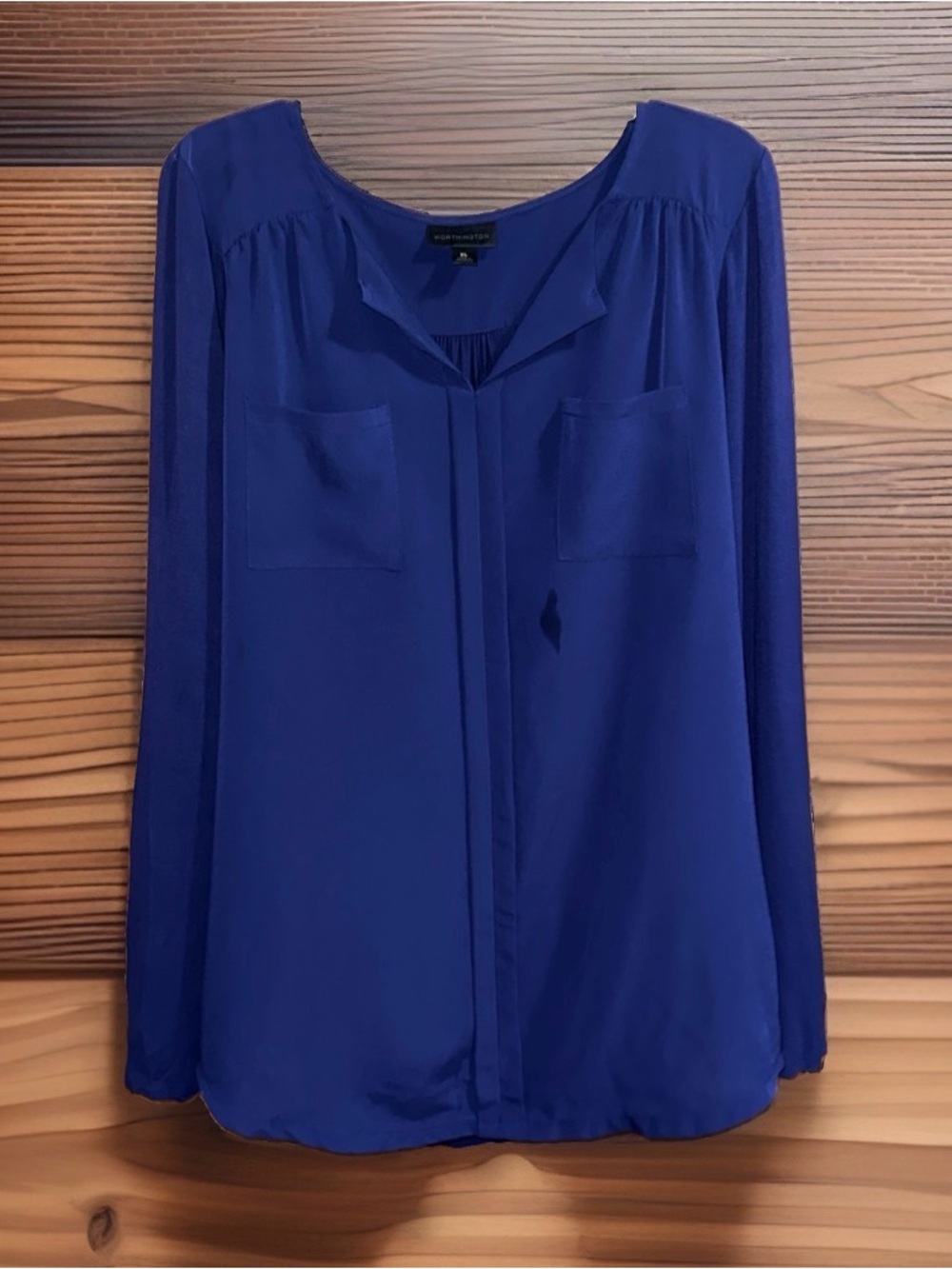Worthington Mixed Fabrics Royal Blue Long-Sleeve Two Pocket Blouse-XL-EC